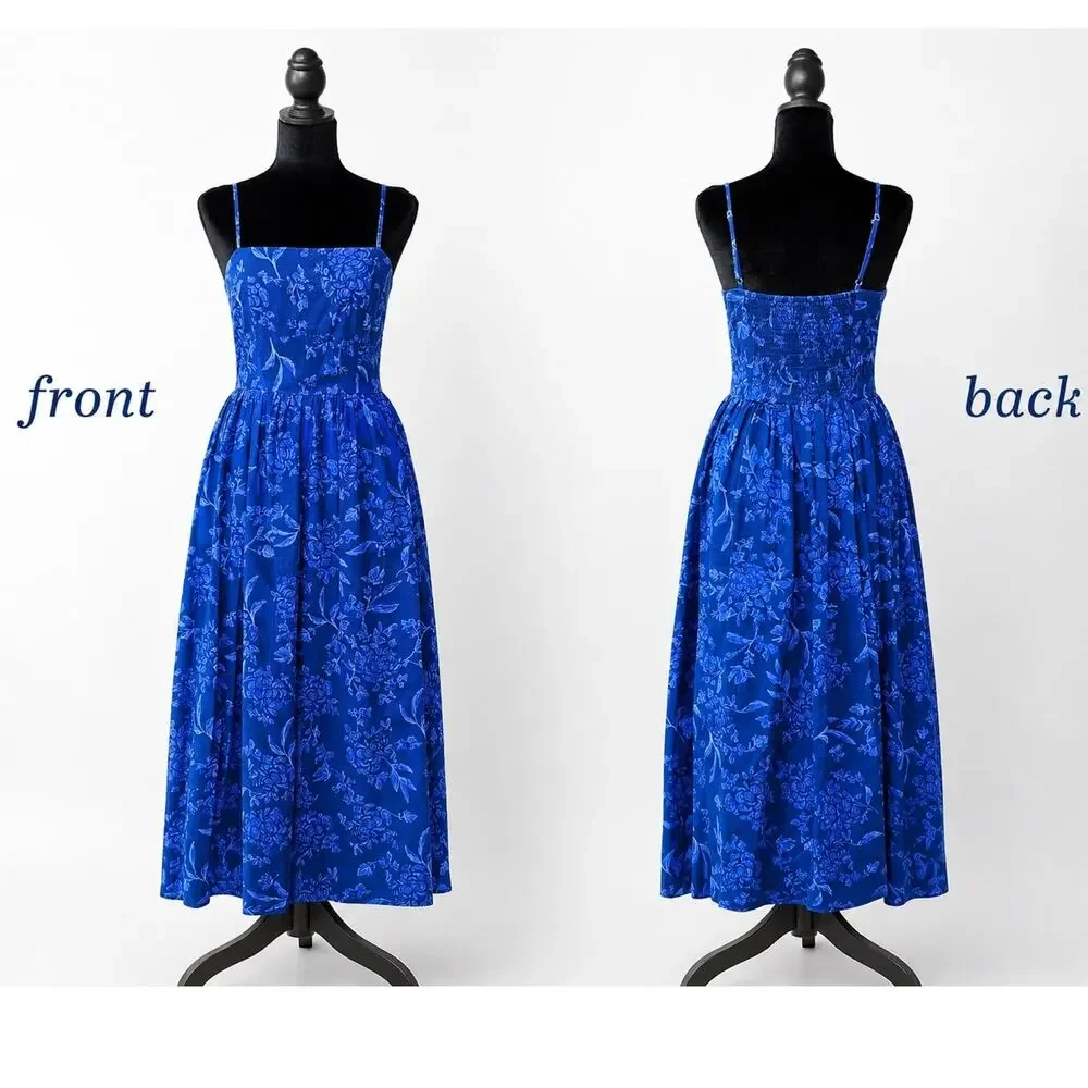 Universal Thread Blue Floral Smocked Midi Dress XS Pockets Cottagecore NWOT - Picture 3 of 11